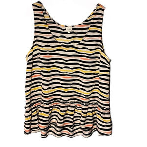 Corsage cream, black, peach and yellow striped sleeveless blouse with ruffle hem